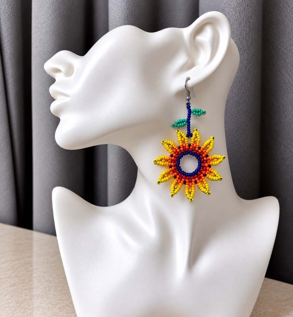 Handmade Sunflower Seed Bead Dangle Earrings Yellow Orange Blue Boho Statement
